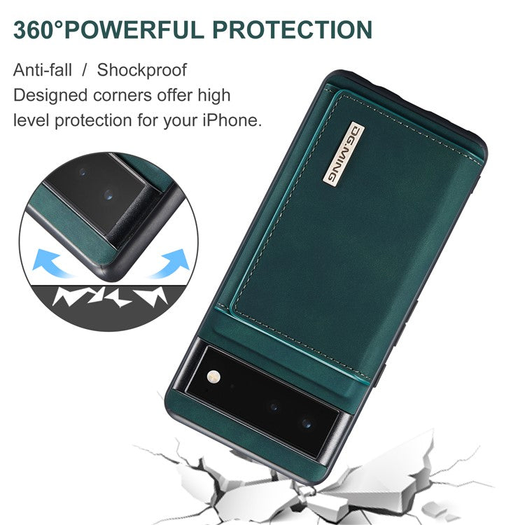 DG.MING M1 Series Multi-functional Magnetic Absorption Wallet + Anti-drop PU Leather Coated Phone Case with Kickstand for Google Pixel 6 - Green