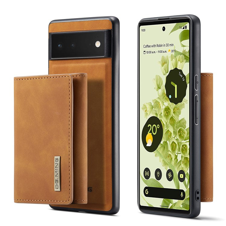DG.MING M1 Series Multi-functional Magnetic Absorption Wallet + Anti-drop PU Leather Coated Phone Case with Kickstand for Google Pixel 6 - Brown