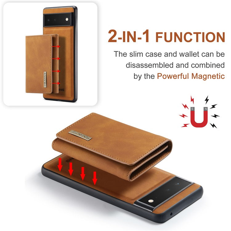 DG.MING M1 Series Multi-functional Magnetic Absorption Wallet + Anti-drop PU Leather Coated Phone Case with Kickstand for Google Pixel 6 - Brown