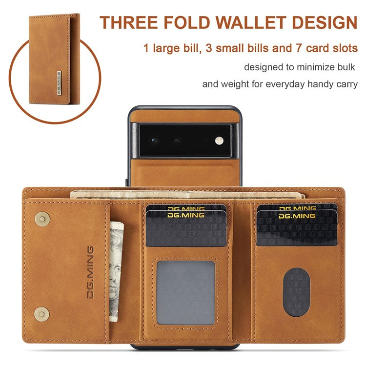 DG.MING M1 Series Multi-functional Magnetic Absorption Wallet + Anti-drop PU Leather Coated Phone Case with Kickstand for Google Pixel 6 - Brown
