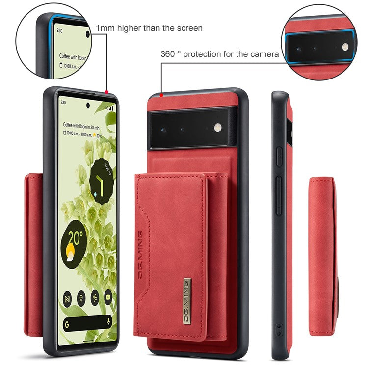 DG.MING M2 Series Multi Card Slots Anti-fall Magnetic Wallet Design Hybrid Case with Kickstand for Google Pixel 6 - Red