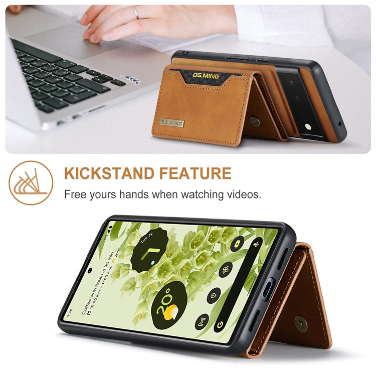 DG.MING M2 Series Multi Card Slots Anti-fall Magnetic Wallet Design Hybrid Case with Kickstand for Google Pixel 6 - Brown