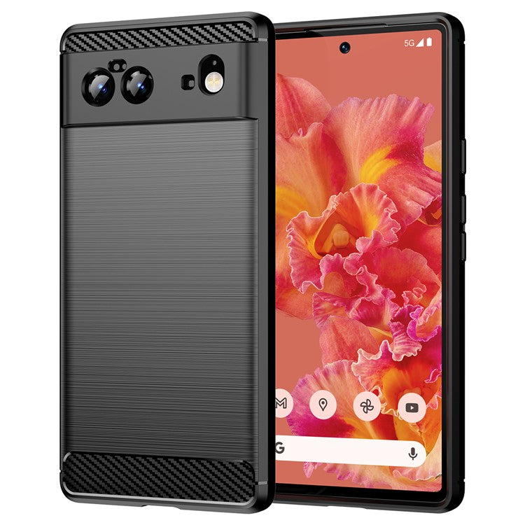 1.8mm Carbon Fiber Texture TPU Case Brushed Surface Fingerprint-Free Flexible TPU Phone Protective Back Cover for Google Pixel 6 - Black