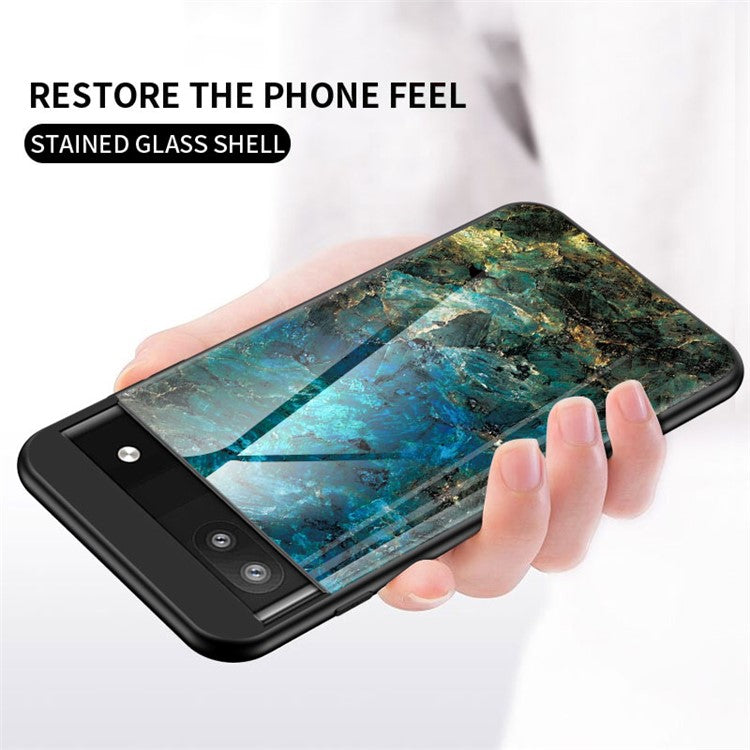 Marble Pattern Shockproof Protective TPU Phone Case Anti-Scratch Tempered Glass+PC Back Cover for Google Pixel 6a - Black Marble