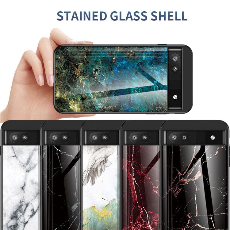 Marble Pattern Shockproof Protective TPU Phone Case Anti-Scratch Tempered Glass+PC Back Cover for Google Pixel 6a - Gold Black Marble