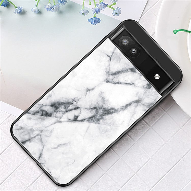 Marble Pattern Shockproof Protective TPU Phone Case Anti-Scratch Tempered Glass+PC Back Cover for Google Pixel 6a - White Marble