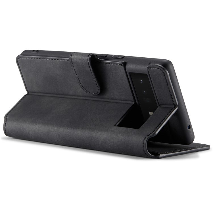 DG.MING Stand Wallet Design Retro Style PU Leather + TPU Phone Case Cover for Google Pixel 6 Pro - Black