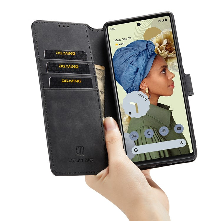 DG.MING Stand Wallet Design Retro Style PU Leather + TPU Phone Case Cover for Google Pixel 6 Pro - Black