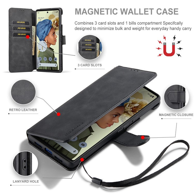 DG.MING Stand Wallet Design Retro Style PU Leather + TPU Phone Case Cover for Google Pixel 6 Pro - Black