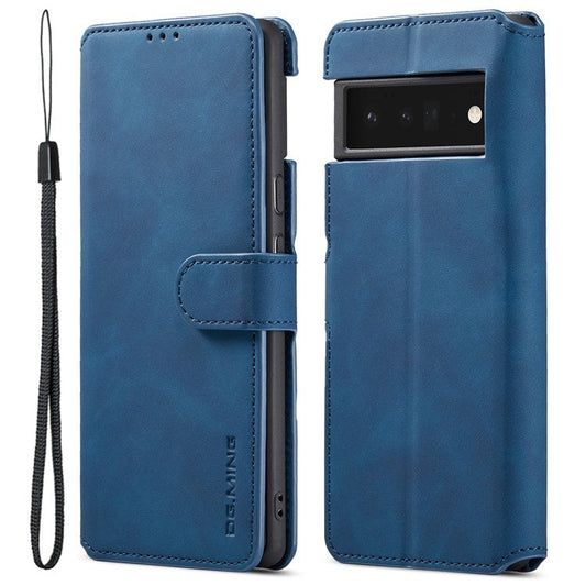 DG.MING Stand Wallet Design Retro Style PU Leather + TPU Phone Case Cover for Google Pixel 6 Pro - Blue