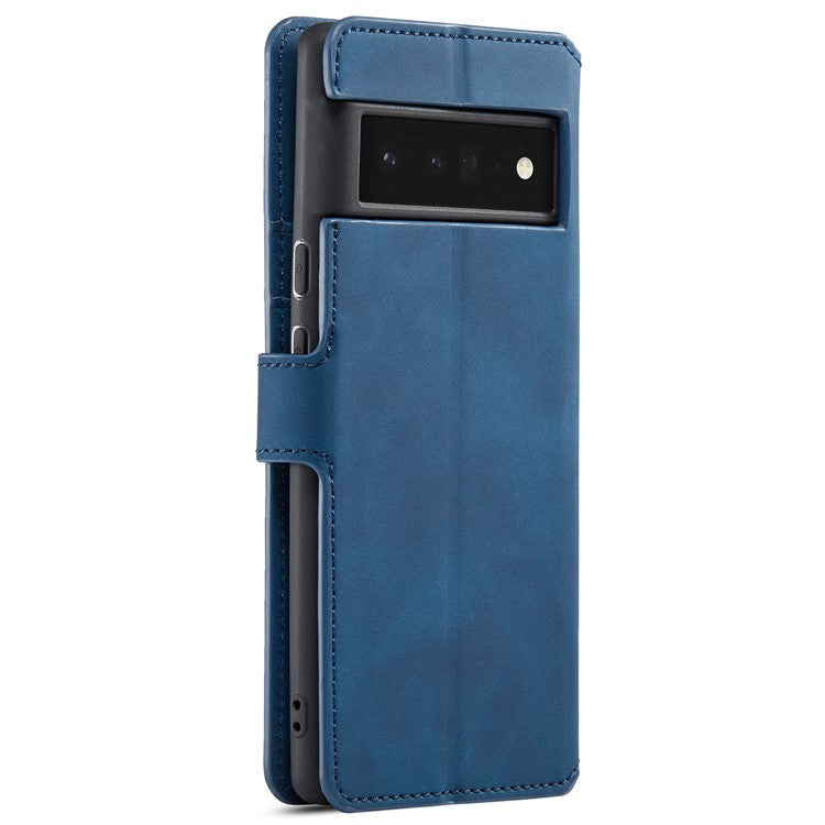DG.MING Stand Wallet Design Retro Style PU Leather + TPU Phone Case Cover for Google Pixel 6 Pro - Blue