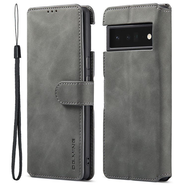 DG.MING Stand Wallet Design Retro Style PU Leather + TPU Phone Case Cover for Google Pixel 6 Pro - Grey
