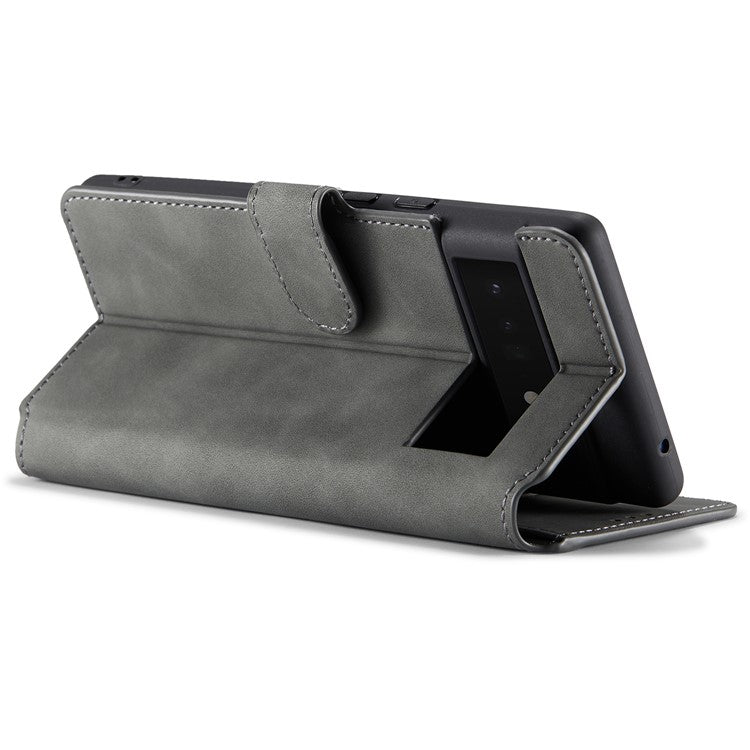 DG.MING Stand Wallet Design Retro Style PU Leather + TPU Phone Case Cover for Google Pixel 6 Pro - Grey