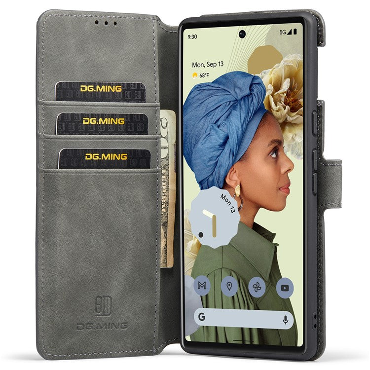 DG.MING Stand Wallet Design Retro Style PU Leather + TPU Phone Case Cover for Google Pixel 6 Pro - Grey