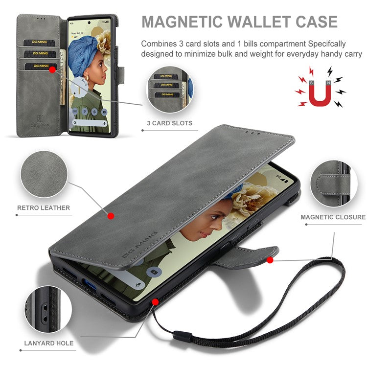 DG.MING Stand Wallet Design Retro Style PU Leather + TPU Phone Case Cover for Google Pixel 6 Pro - Grey