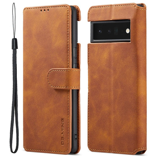 DG.MING Stand Wallet Design Retro Style PU Leather + TPU Phone Case Cover for Google Pixel 6 Pro - Brown