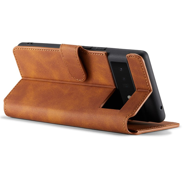 DG.MING Stand Wallet Design Retro Style PU Leather + TPU Phone Case Cover for Google Pixel 6 Pro - Brown