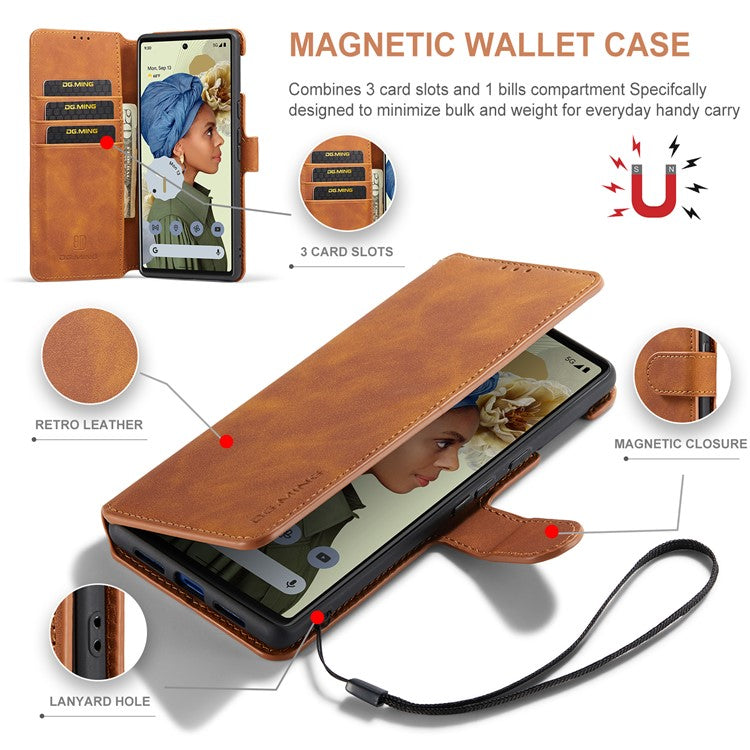 DG.MING Stand Wallet Design Retro Style PU Leather + TPU Phone Case Cover for Google Pixel 6 Pro - Brown
