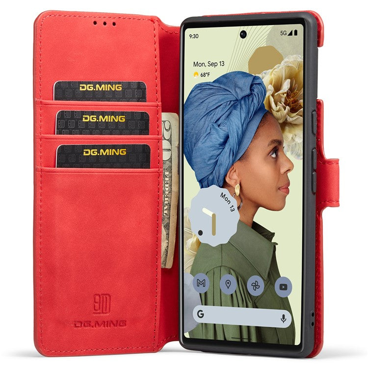 DG.MING Stand Wallet Design Retro Style PU Leather + TPU Phone Case Cover for Google Pixel 6 Pro - Red