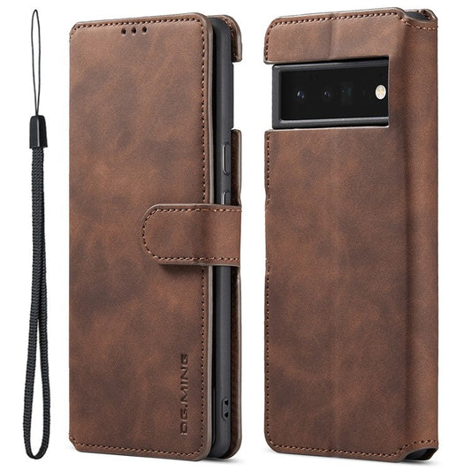 DG.MING Stand Wallet Design Retro Style PU Leather + TPU Phone Case Cover for Google Pixel 6 Pro - Coffee