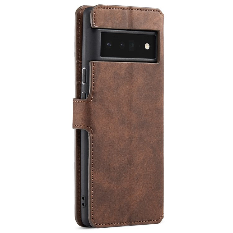 DG.MING Stand Wallet Design Retro Style PU Leather + TPU Phone Case Cover for Google Pixel 6 Pro - Coffee