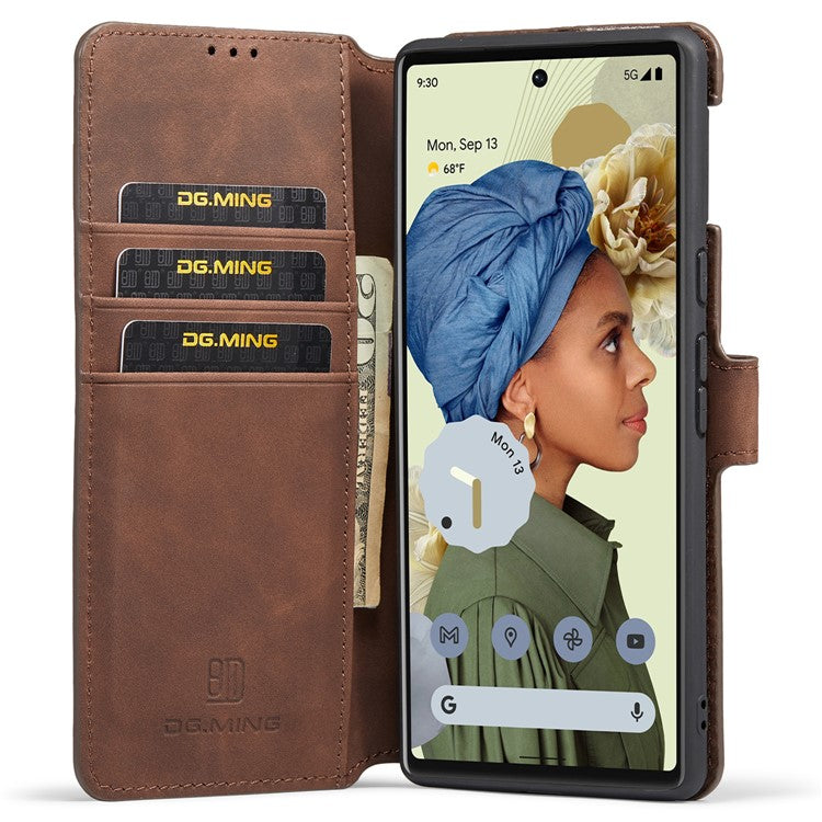 DG.MING Stand Wallet Design Retro Style PU Leather + TPU Phone Case Cover for Google Pixel 6 Pro - Coffee
