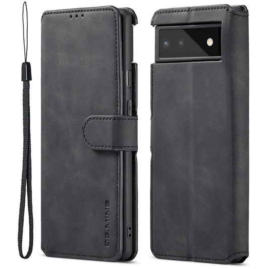 DG.MING Full Protection Retro Style PU Leather Cover Inner TPU Phone Case with Stand Wallet for Google Pixel 6 - Black