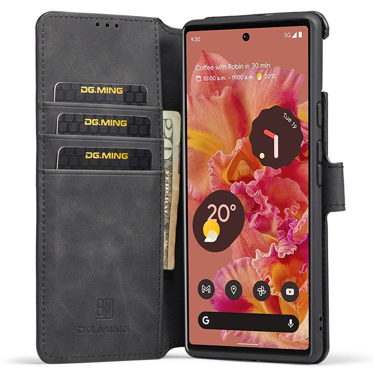 DG.MING Full Protection Retro Style PU Leather Cover Inner TPU Phone Case with Stand Wallet for Google Pixel 6 - Black
