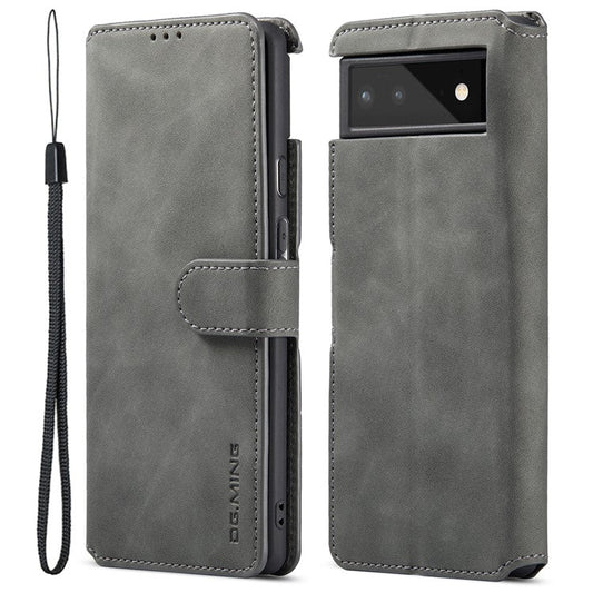 DG.MING Full Protection Retro Style PU Leather Cover Inner TPU Phone Case with Stand Wallet for Google Pixel 6 - Grey