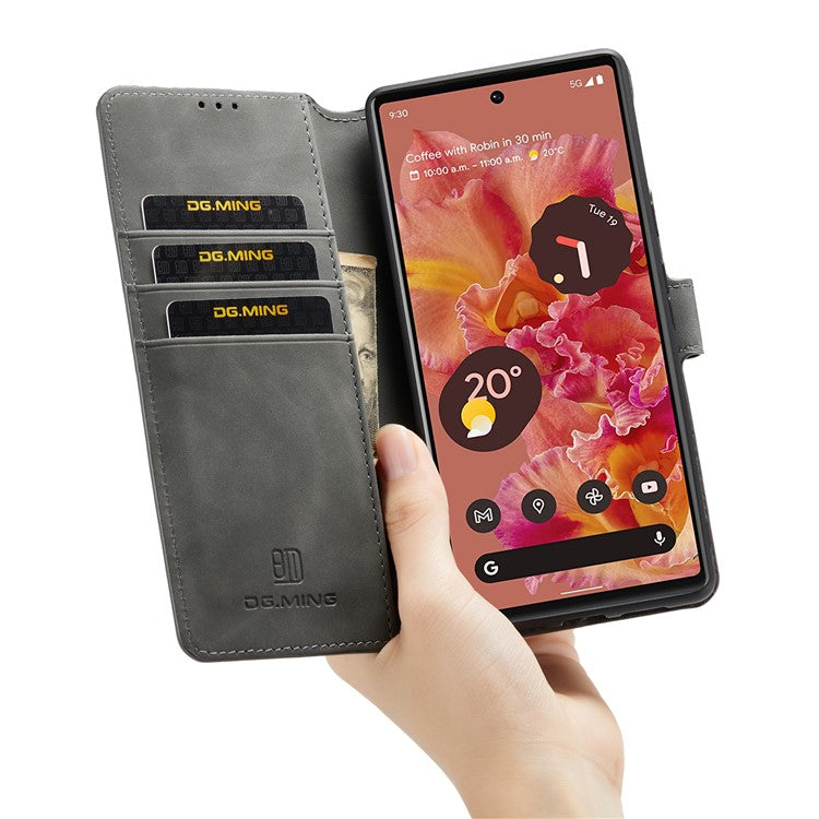 DG.MING Full Protection Retro Style PU Leather Cover Inner TPU Phone Case with Stand Wallet for Google Pixel 6 - Grey