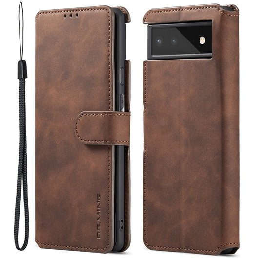 DG.MING Full Protection Retro Style PU Leather Cover Inner TPU Phone Case with Stand Wallet for Google Pixel 6 - Coffee