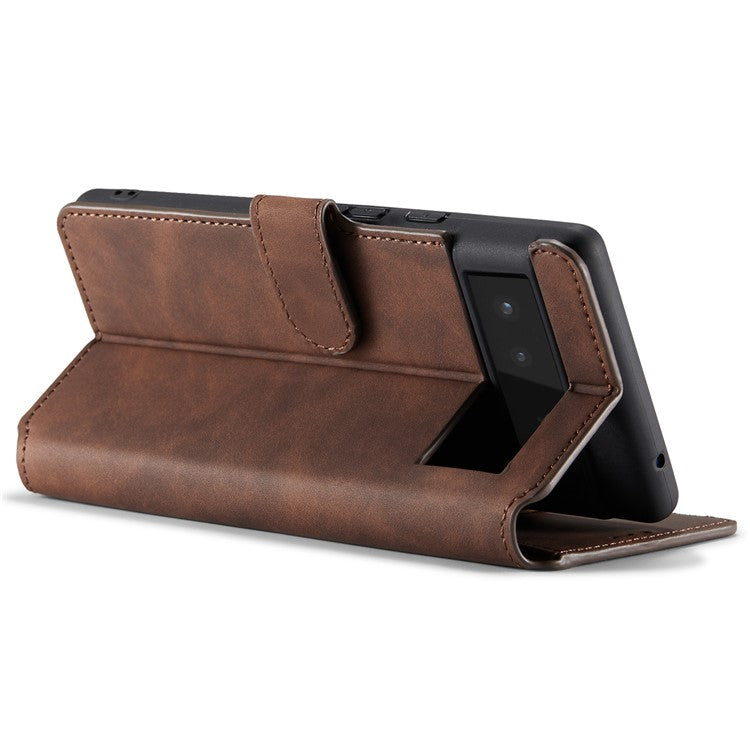 DG.MING Full Protection Retro Style PU Leather Cover Inner TPU Phone Case with Stand Wallet for Google Pixel 6 - Coffee