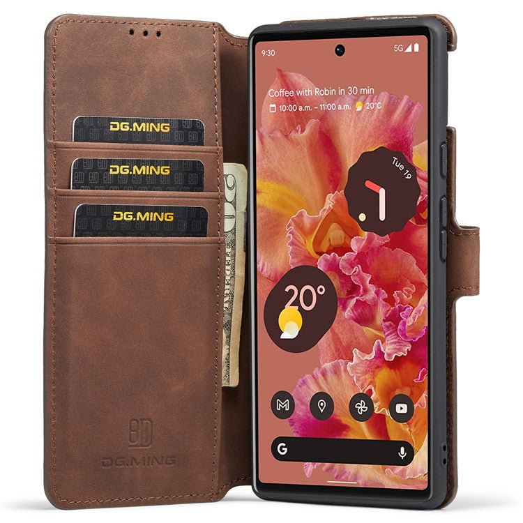 DG.MING Full Protection Retro Style PU Leather Cover Inner TPU Phone Case with Stand Wallet for Google Pixel 6 - Coffee