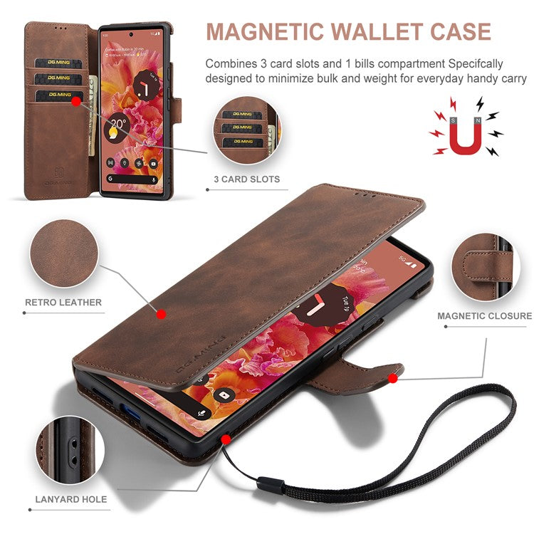 DG.MING Full Protection Retro Style PU Leather Cover Inner TPU Phone Case with Stand Wallet for Google Pixel 6 - Coffee