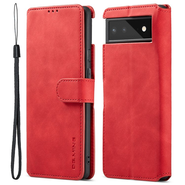 DG.MING Full Protection Retro Style PU Leather Cover Inner TPU Phone Case with Stand Wallet for Google Pixel 6 - Red