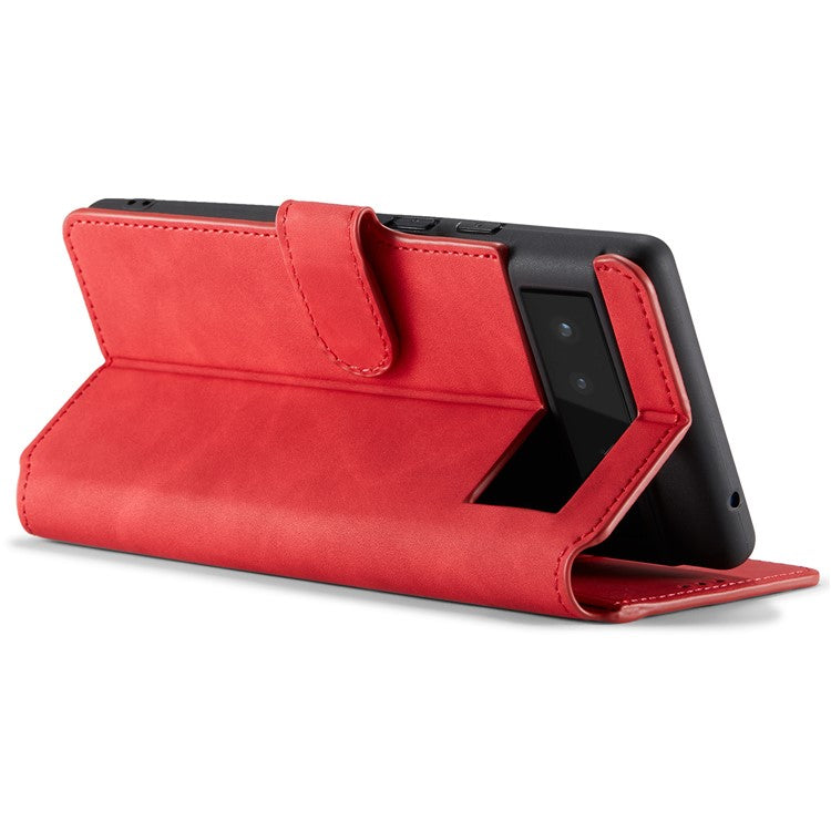 DG.MING Full Protection Retro Style PU Leather Cover Inner TPU Phone Case with Stand Wallet for Google Pixel 6 - Red
