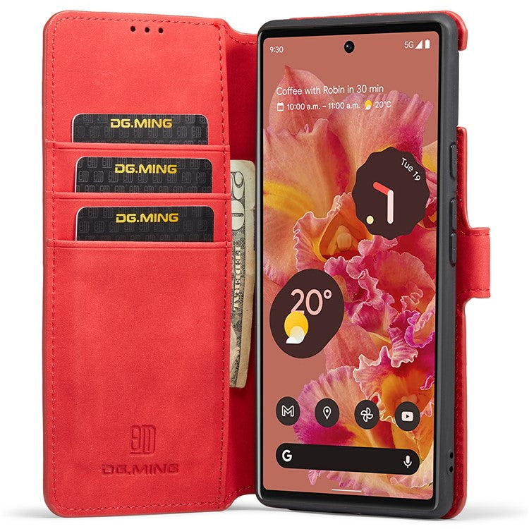DG.MING Full Protection Retro Style PU Leather Cover Inner TPU Phone Case with Stand Wallet for Google Pixel 6 - Red