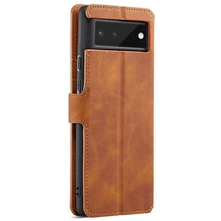 DG.MING Full Protection Retro Style PU Leather Cover Inner TPU Phone Case with Stand Wallet for Google Pixel 6 - Brown