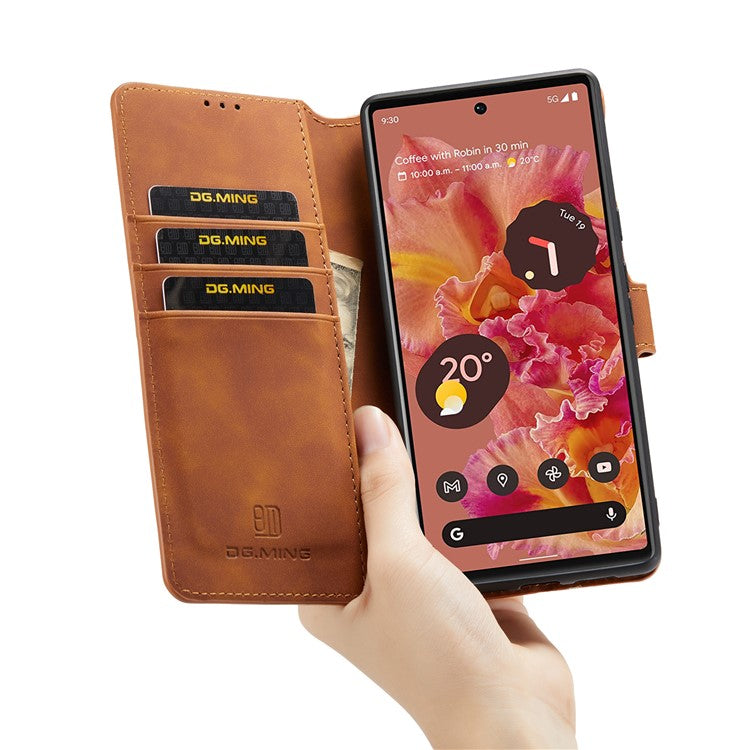 DG.MING Full Protection Retro Style PU Leather Cover Inner TPU Phone Case with Stand Wallet for Google Pixel 6 - Brown