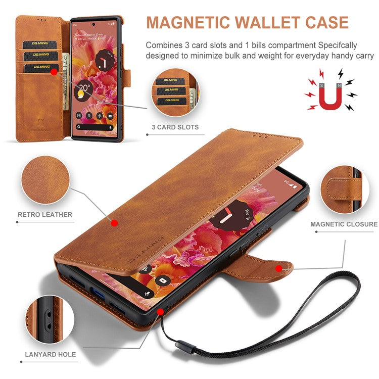DG.MING Full Protection Retro Style PU Leather Cover Inner TPU Phone Case with Stand Wallet for Google Pixel 6 - Brown