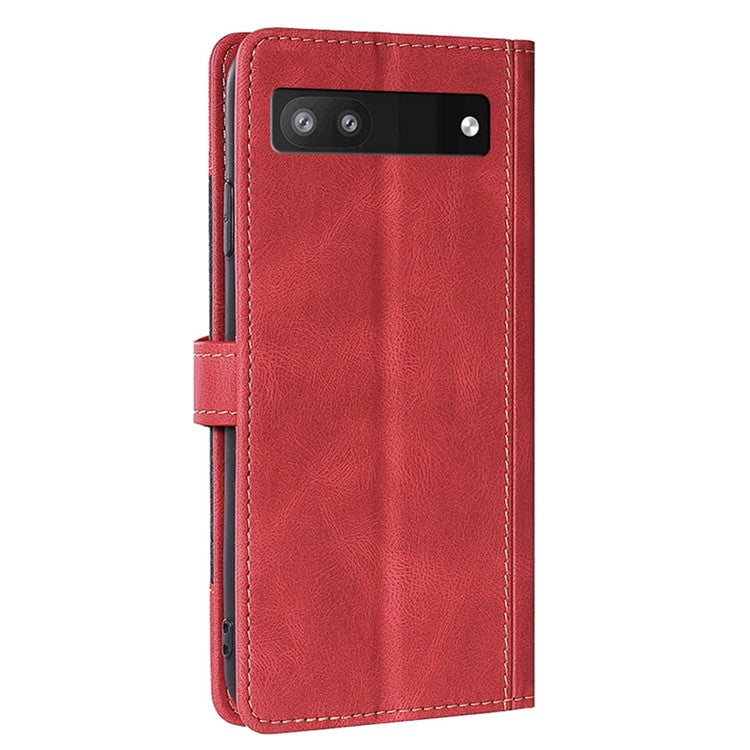 Anti-fingerprint Bi-color Splicing Style Flip Wallet Stand PU Leather Cell Phone Case for Google Pixel 6a - Red