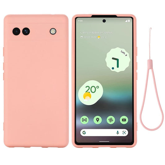 Soft Touch Liquid Silicone Microfiber Lining Anti-Shock Flexible Phone Case with Strap for Google Pixel 6a - Pink