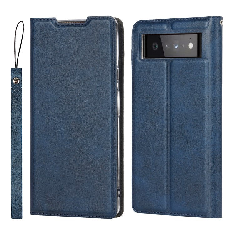 For Google Pixel 6 Pro Textured PU Leather Card Holder Case Stand Magnetic Auto-absorbed Protective Cover with Strap - Blue
