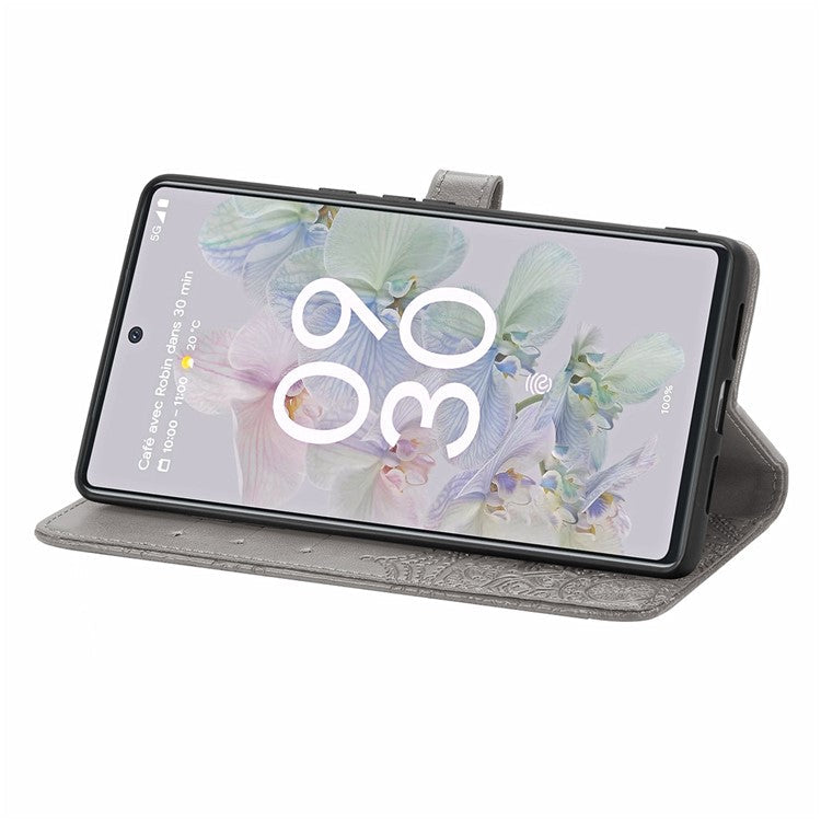 Phone Flip Cover for Google Pixel 6a Embossed Mandala Flower Soft PU Leather Wallet with Strap - Grey