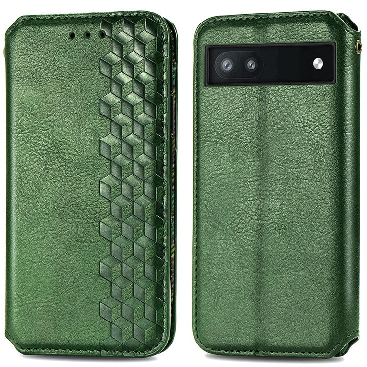 Flip Wallet Phone Case for Google Pixel 6a, Auto Magnetic Closed Rhombus Imprinted Folio PU Leather Stand Cover - Green