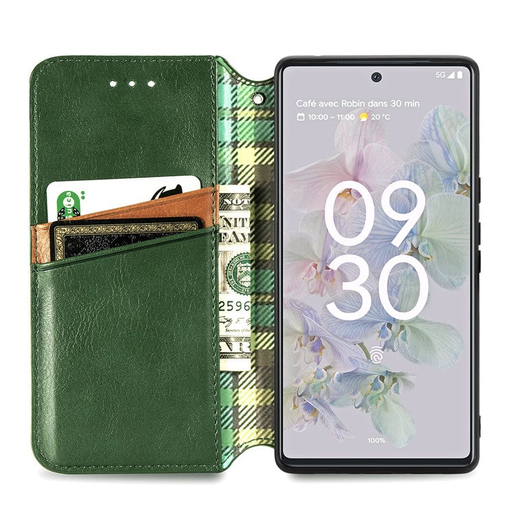 Flip Wallet Phone Case for Google Pixel 6a, Auto Magnetic Closed Rhombus Imprinted Folio PU Leather Stand Cover - Green