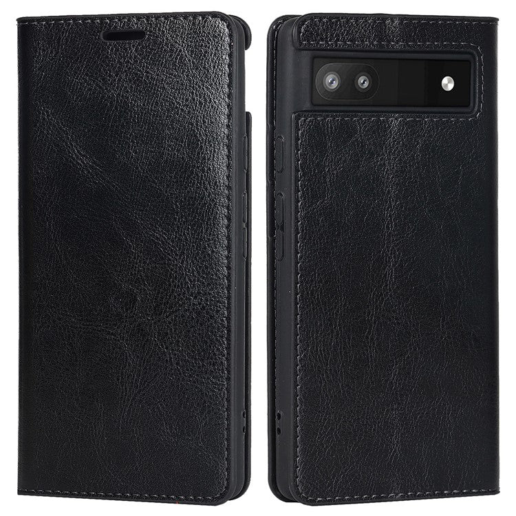 Genuine Leather Phone Case for Google Pixel 6a, Wallet Stand Crazy Horse Texture Shell - Black