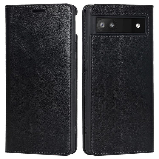 Genuine Leather Phone Case for Google Pixel 6a, Wallet Stand Crazy Horse Texture Shell - Black