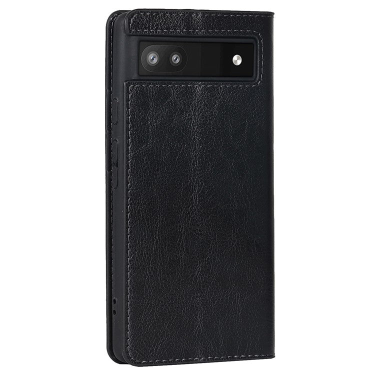 Genuine Leather Phone Case for Google Pixel 6a, Wallet Stand Crazy Horse Texture Shell - Black