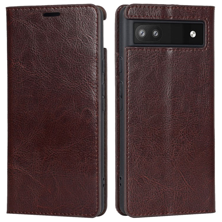 Genuine Leather Phone Case for Google Pixel 6a, Wallet Stand Crazy Horse Texture Shell - Coffee